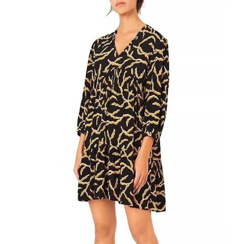 ba&sh Constance Printed Mini Dress L US 8 A-line Abstract Boho Flowy Tiered Chic
